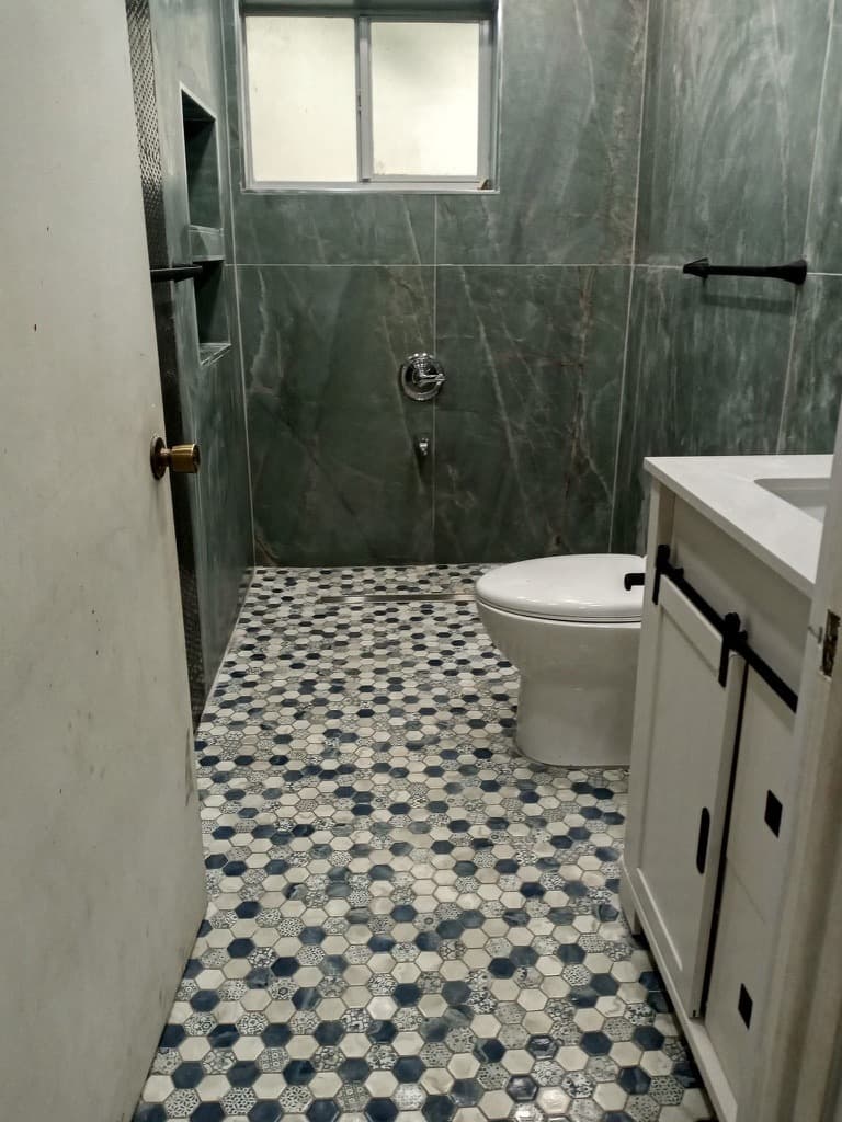Green Slate & Hexagon Floor Bathroom Remodel, after, Kendall, Miami-Dade