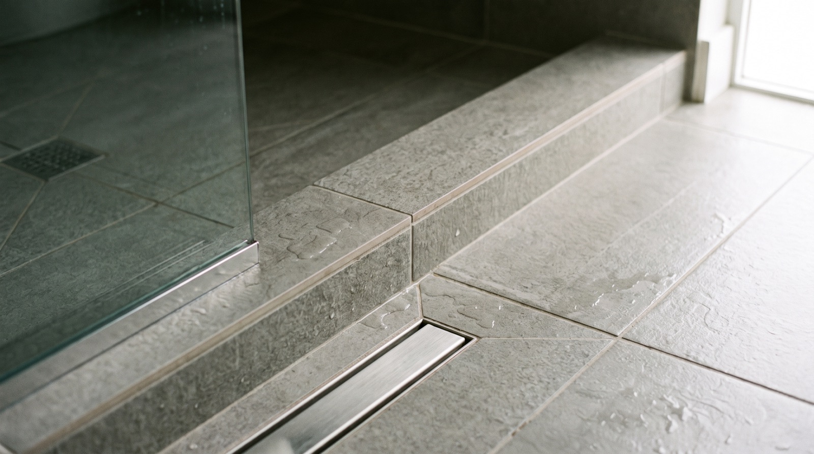 Borde bajo de azulejo con desagüe lineal en la entrada de una ducha